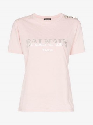 Balmain Logo Print Button-Embellished Cotton T-Shirt in pink / girly designer tee