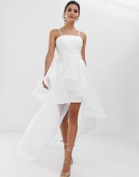Bariano bridal bandeau organza high low hem maxi dress in white – floaty thin strap wedding dresses