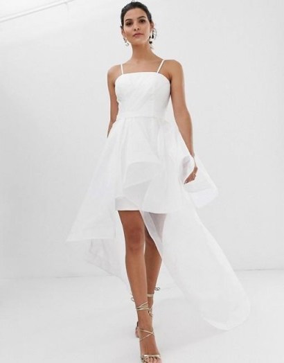 Bariano bridal bandeau organza high low hem maxi dress in white – floaty thin strap wedding dresses - flipped