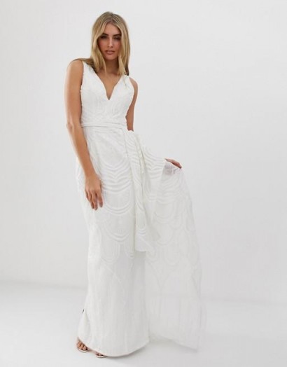 Bariano bridal sequin maxi dress with detachable skirt in white – sleeveless wedding dresses