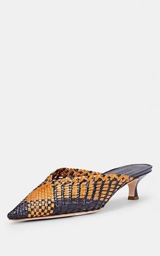 BARNEYS NEW YORK V’d-Throat Woven Leather Mules in Navy / Brown ~ chic point toe kitten heels - flipped