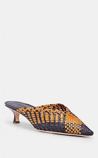 BARNEYS NEW YORK V’d-Throat Woven Leather Mules in Navy / Brown ~ chic point toe kitten heels