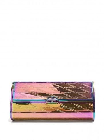 BALENCIAGA BB Hard logo-embossed iridescent leather clutch in pink / small designer bags - flipped