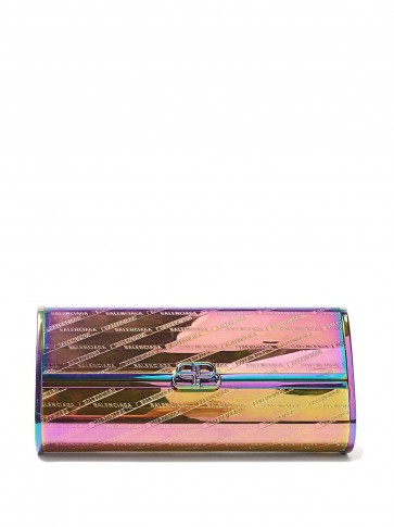 BALENCIAGA BB Hard logo-embossed iridescent leather clutch in pink / small designer bags