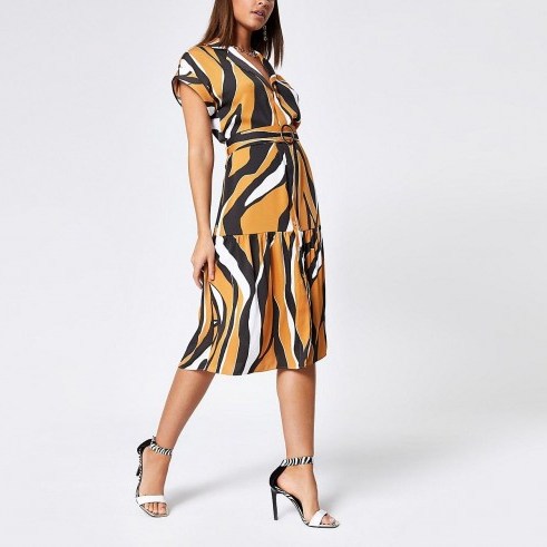 RIVER ISLAND Beige zebra print midi shirt dress / animal printed fashion - flipped