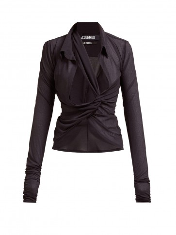 JACQUEMUS Bellagio cross-front cut-out crepe blouse in black ~ contemporary blouses
