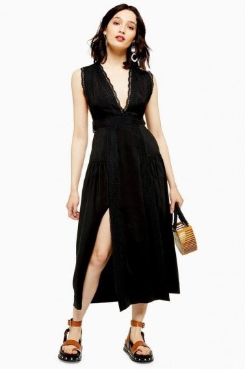 Topshop Black Lace Insert Pinafore Dress | sleeveless deep V-neck summer dresses - flipped