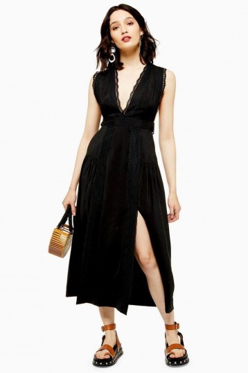 Topshop Black Lace Insert Pinafore Dress | sleeveless deep V-neck summer dresses