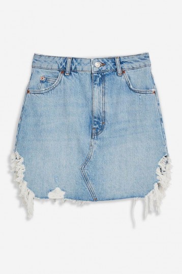 Topshop Blue Side Ripped Denim Skirt in Mid Stone | destroyed mini