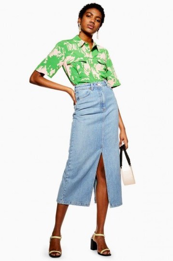 Topshop Blue Split Front Denim Midi Skirt | classic slit skirts - flipped