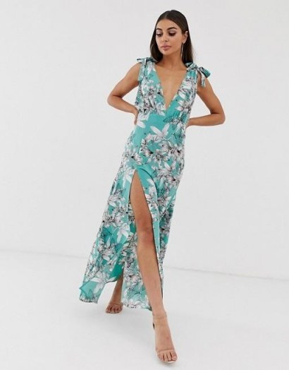 Boohoo plunge maxi dress in green floral / thigh high spit dresses - flipped