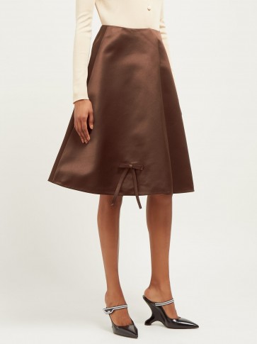 PRADA Bow appliqué double silk-satin midi skirt in brown