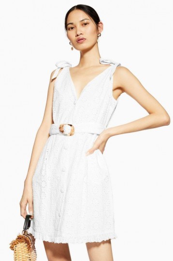 Topshop Broderie Buckle Mini Dress in white | deep V-neckline summer frock