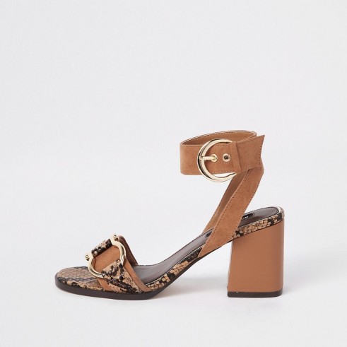 River Island Brown snake print block heel sandal | chunky heeled sandals