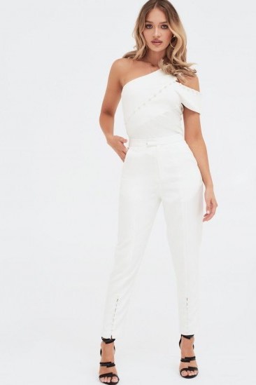 LAVISH ALICE button detail tailored trousers in white – going out glamour - flipped
