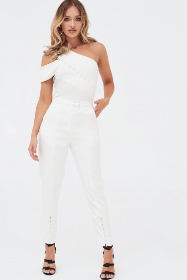 LAVISH ALICE button detail tailored trousers in white – going out glamour