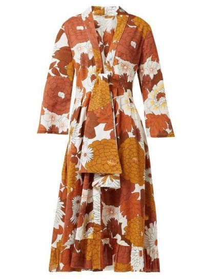 DODO BAR OR Charlotte floral-print cotton midi dress in brown | retro flower prints - flipped