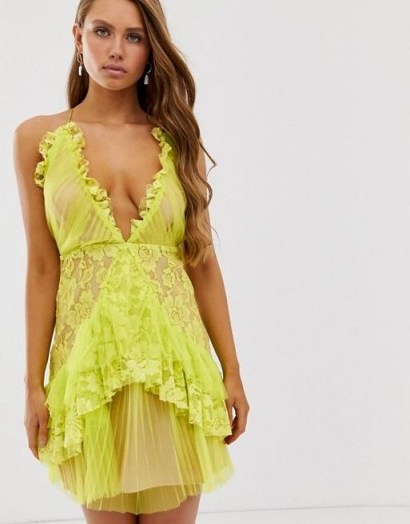 Collective The Label plunge front cami mini dress with ruffle in lime green | ruffled lace deep V-neckline dresses - flipped