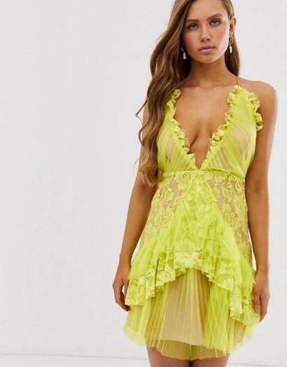 Collective The Label plunge front cami mini dress with ruffle in lime green | ruffled lace deep V-neckline dresses