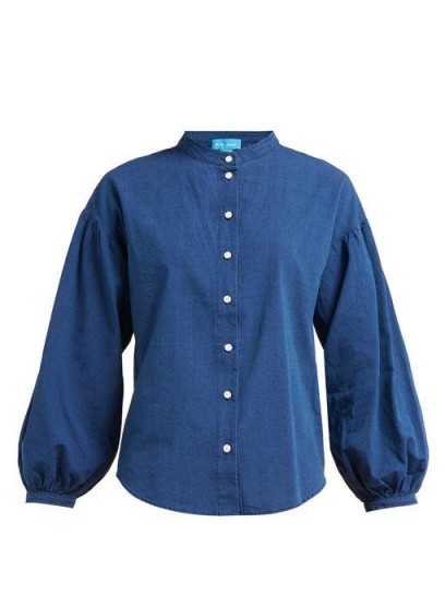 M.I.H JEANS Colt band-collar cotton chambray shirt in navy | blue balloon sleeve shirts | lightweight denim