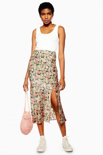 Topshop Daisy Floral Satin Bias Midi Skirt | breezy summer skirts