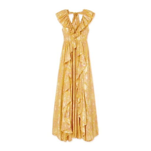 Ulla Johnson DEMETRIA GOWN in citrine ~ yellow metallic floral gowns ~ long feminine ruffled dresses