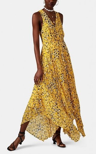 DEREK LAM 10 CROSBY Abstract-Dot-Print Pleated Dress in yellow georgette ~ summer event clothing ~ floaty handkerchief hemline - flipped
