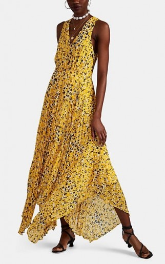 DEREK LAM 10 CROSBY Abstract-Dot-Print Pleated Dress in yellow georgette ~ summer event clothing ~ floaty handkerchief hemline