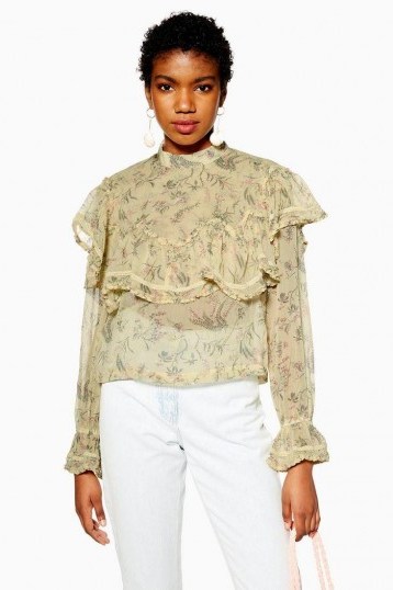 TOPSHOP Ditsy Floral Yoke Frilly Top in Lemon / romantic style fashion - flipped