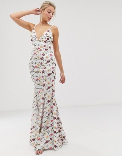 Dolly & Delicious contrast floral embroidered fishtail maxi dress in multi | plunge front | lace-up back thin strap dresses - flipped