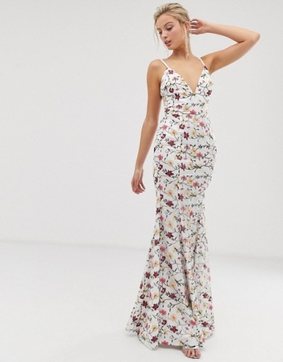 Dolly & Delicious contrast floral embroidered fishtail maxi dress in multi | plunge front | lace-up back thin strap dresses