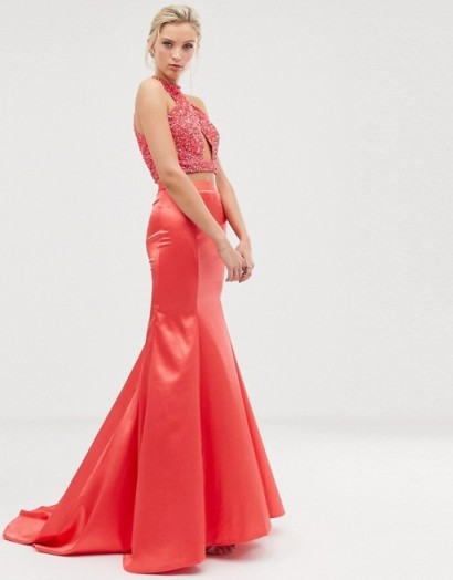 Dolly & Delicious fishtail maxi skirt in coral pink | long bright occasion skirts