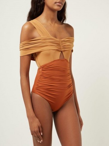 SELF-PORTRAIT Draped ruched off-the-shoulder swimsuit | Matches Fashion - flipped