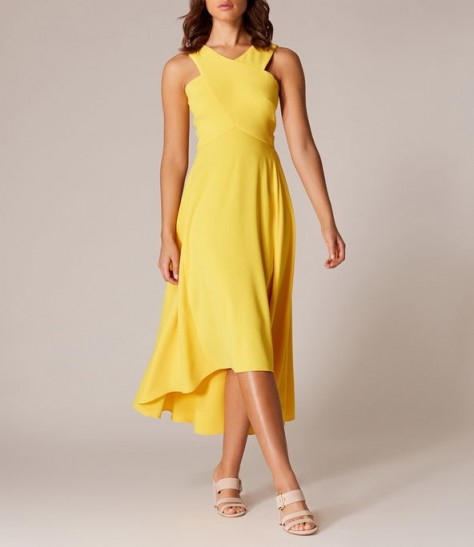 KAREN MILLEN Drop-Hem Midi Dress Yellow ~ high-low hemline ~ fluid movement dresses