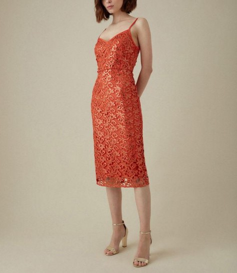 KAREN MILLEN Embroidered Sequin Dress in orange ~ shimmering skinny strap dresses