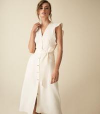 Reiss ENID BUTTON THROUGH SUMMER DRESS IVORY | neutral flutter sleeve dresses
