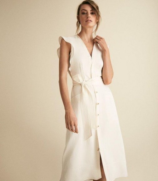 Reiss ENID BUTTON THROUGH SUMMER DRESS IVORY | neutral flutter sleeve dresses - flipped
