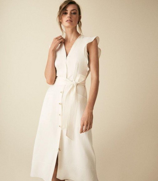 Reiss ENID BUTTON THROUGH SUMMER DRESS IVORY | neutral flutter sleeve dresses