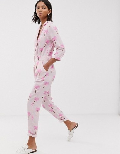 Fabienne Chapot Gigi jumpsuit in palm print | pink summer jumpsuits - flipped