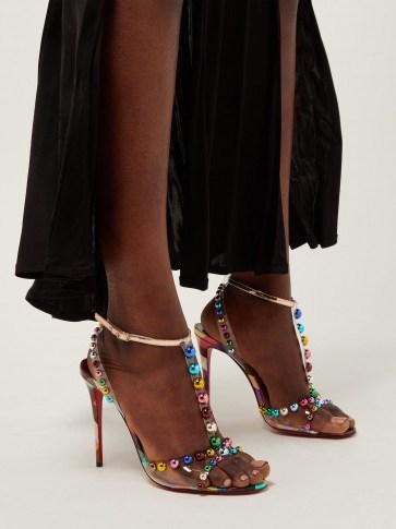 CHRISTIAN LOUBOUTIN Faridaravie 100 studded checked leather sandals ~ multicoloured-stud PVC strappy heels - flipped