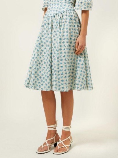 BATSHEVA Floral-print cotton knee-length skirt in blue | modern prairie skirts - flipped