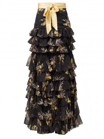 RODARTE Floral-print ruffled silk-blend skirt in black ~ tiered ruffles ~ event wear - flipped