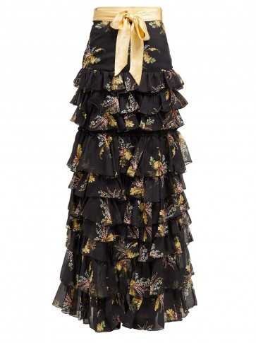 RODARTE Floral-print ruffled silk-blend skirt in black ~ tiered ruffles ~ event wear