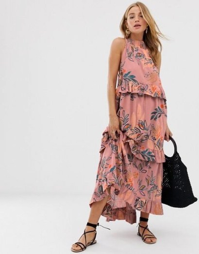 Free People printed tiered maxi dress in mauve – boho summer fashion - flipped