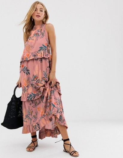 Free People printed tiered maxi dress in mauve – boho summer fashion