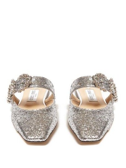 JIMMY CHOO Gee crystal-buckle glittered backless flats in silver - flipped