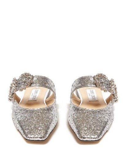 JIMMY CHOO Gee crystal-buckle glittered backless flats in silver