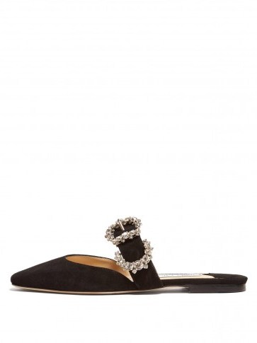 JIMMY CHOO Gee crystal-buckle suede backless loafers in black / luxe flats - flipped
