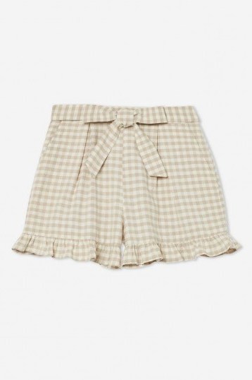 TOPSHOP Gingham Frill Shorts With Linen in Natural - flipped