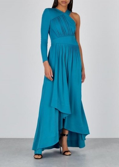 GIVENCHY Blue one-shoulder ruched maxi dress ~ opulent event dresses - flipped